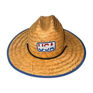 USA Straw Sun Hat | Wide Brim Woven Straw Hat with Blue Trim | One Size